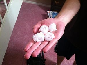 Jay holding up samples of the hailstones.