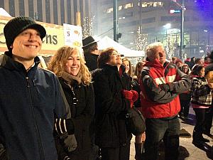 Kevin, Kyleen, Mom and Dad Klocke at Fountain Square watching Santa repel down the side of a building