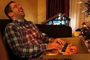 Chad opening an AWESOME Cooper gift -- a meowing keyboard that plays each note as a meow. Great work, Julie!
